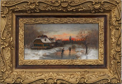 Antique European Sunset Winter Skating Landscape Framed Oil Painting