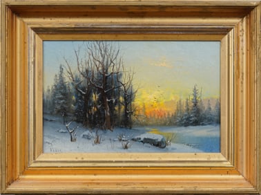 Karl Eugene Felix (1837-1906) Antique Austrian Winter Snow Landscape Framed Oil Painting