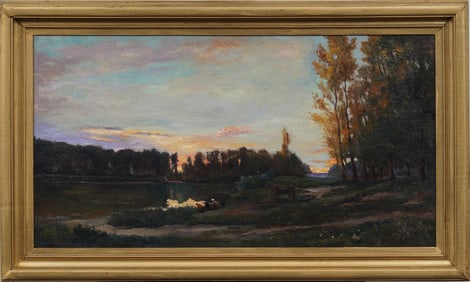 Large Antique French Impressionist Barbizon Sunset Landscape Framed Original Oil Painting
