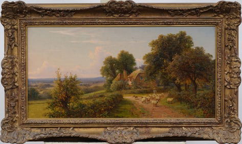 19th Century Monogrammed European Impressionist Sheep Grazing Landscape Oil Painting