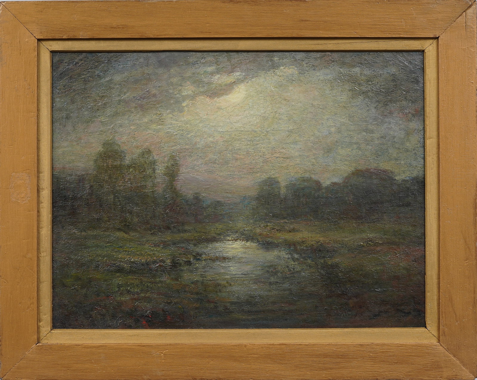 Antique American Impressionist Moonlit Nocturnal Lake Landscape Framed Oil Painting: Antique American impressionist landscape oil painting. Oil on canvas. Framed. Measuring 20 by 25 inches overall and 15.25 by 20.25 painting alone. Please see all images for condition. Size is measured