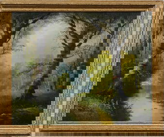 19th Century American School Forest Interior Signed Framed Original Landscape Oil Painting