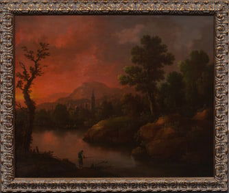 Antique European Sunset Landscape Luminous Framed 19th Century Oil Painting