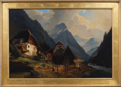 Large Antique Swiss Framed Mountain Landscape Oil Painting