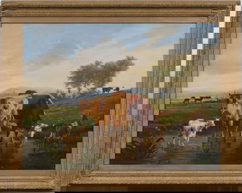 Large Antique French Realist Cows and Sheep Grazing Framed Landscape Oil Painting