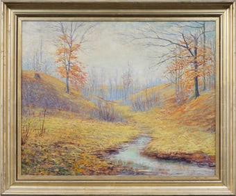 Large Antique American Impressionist Framed Landscape Oil Painting ATTR Edward Willis Redfield