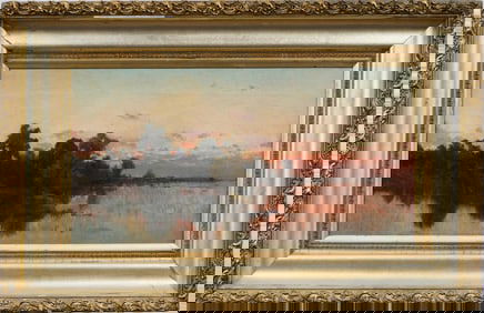 Antique American Sunset Impressionist River View Landscape Original Oil Painting