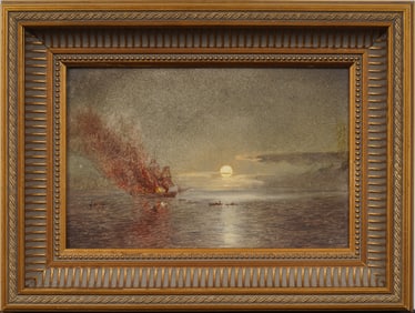 John Adams Parker (1827-1900) Antique Hudson River School Moonlit Native Canoe Scene Oil Painting
