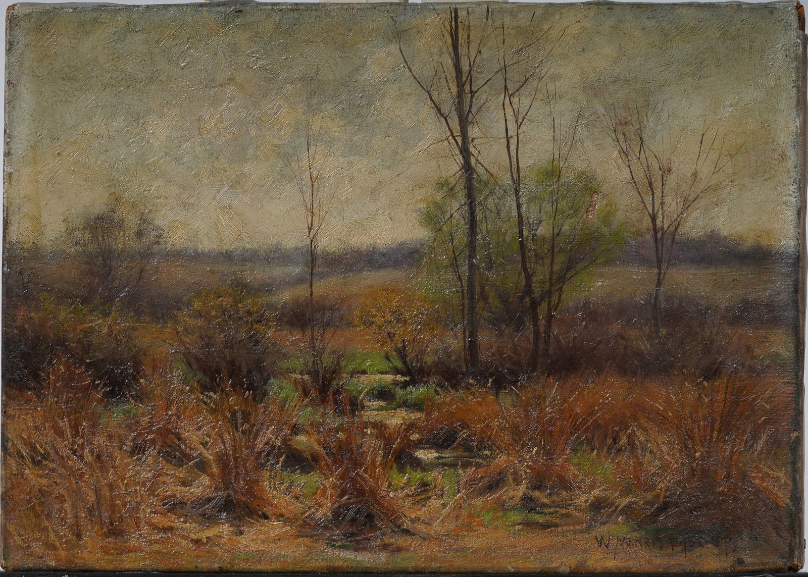 William Merritt Post (1856-1935) Antique American Impressionist Fall Landscape Oil Painting: Antique American impressionist landscape oil painting by William Merritt Post (1856 - 1935). Oil on canvas. Signed. Measuring 10 by 14 inches. Please see all images for condition. Size is measured and