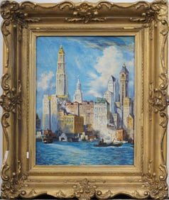 Antique American Impressionist New York City Downtown View Framed Original Oil Painting