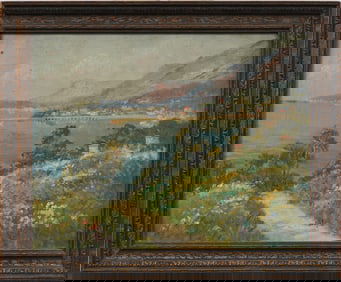 Antique European Impressionist Mediterranean Coastal City Seascape Framed Oil Painting