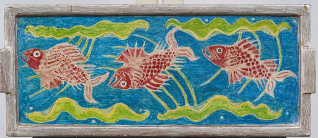 Antique American Silver Leaf Painted Gesso Panel Fauvist Fish Painting Signed Kuehne