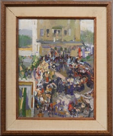 Antique American Impressionist Bustling Street Scene Framed Original Signed Oil Painting