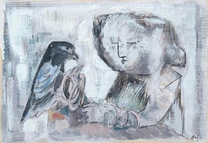 "The Falconer" Vintage Mid Century Cubist Modern Portrait Signed Original Painting