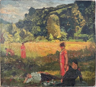 Finely Painted Antique American Impressionist Lounging Picnic Scene Figural Original Oil Painting