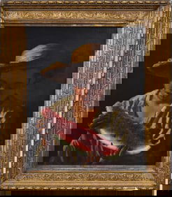 William Fitz  Signed Antique American Boy Eating Watermelon Americana Portrait 1876 Oil Painting