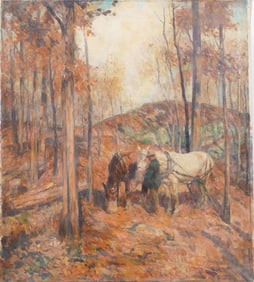 Antique American Impressionist Finely Painted New England Fall Landscape Horses Grazing Oil Painting