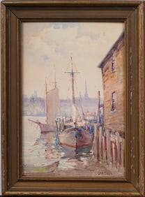 John Alfred Cook (1870 - 1936) Gloucester Harbor Signed New England Seascape Framed Painting