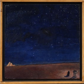 Vintage Egyptian Modernist Nocturnal Desert Landscape Framed Orientalist Oil Painting