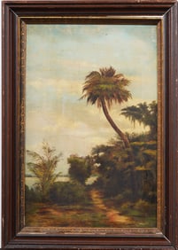 19th Century Florida Landscape Framed Palm Tree Original Oil Painting