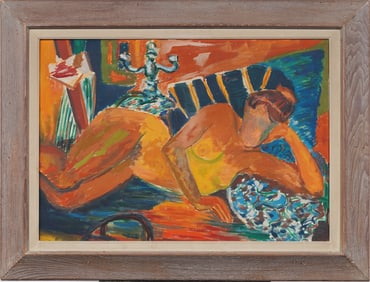 Large Antique American Modernist Reclining Nude Portrait Framed  Original Oil Painting