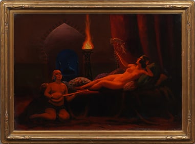 Herbert Rothgaengel Large Finely Painted Orientalist Art Deco Nude Woman Portrait Oil Painting