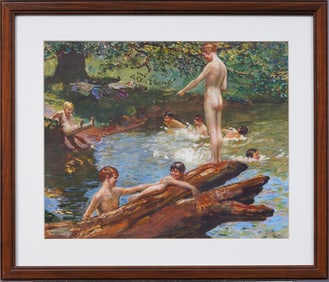Norman Mills Price (1877-1951) Antique American Summer Swimming Hole Signed Illustration Painting