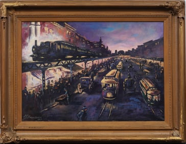 Vintage American Modernist New York Cityscape El Train Street Scene 19th Century Fluted Cove Frame