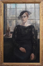 Antique American School Modernist Signed New York Cityscape Interior Scene Portrait Oil Painting