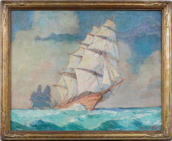 Marcel Olis Signed Large Antique American Impressionist Sailboat Original Seascape Oil Painting