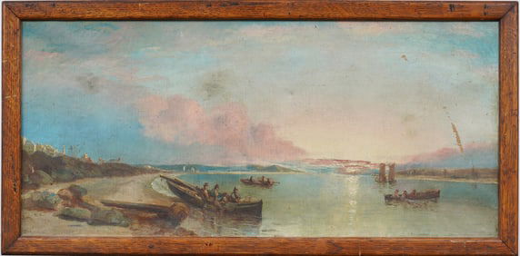 19th Century Luminous European Sunset Fishing Village Coastal Framed Seascape Signed Oil Painting