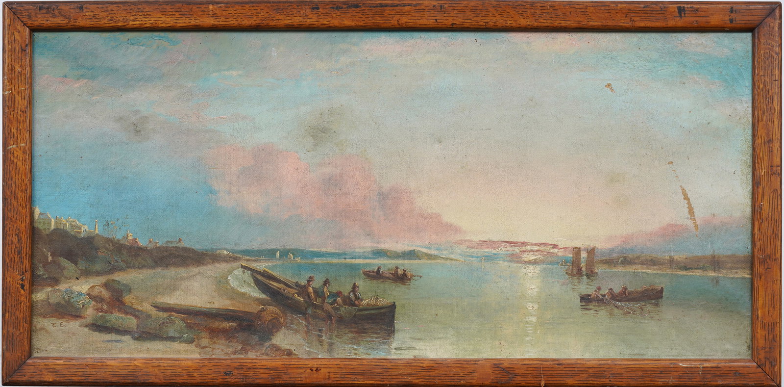 19th Century Luminous European Sunset Fishing Village Coastal Framed Seascape Signed Oil Painting: Antique European sunset seascape oil painting. Oil on canvas. Signed in monogram. Framed. Measuring 12 by 26 inches overall and 11 by 24 painting alone. Please see all images for condition. Size is me