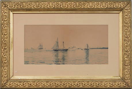 Edmund Darch Lewis (1835-1910) Antique American Framed Seascape Original Signed Painting: Antique American seascape painting by Edmund Darch Lewis (1835-1910). Watercolor and gouache on paper. Signed. Framed. Measuring 20 by 31 inches overall and 9 by 20 painting alone. Please see all imag