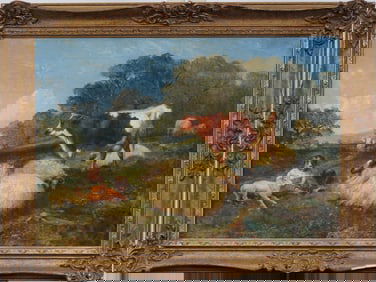 Antique American 19th Century European Bucolic Signed Landscape Cow & Sheep Grazing Oil Painting