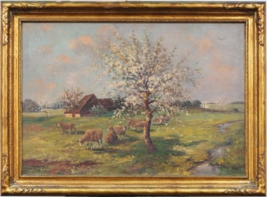 Signed Antique Bucolic Farm Landscape Cherry Blossom Tree and Sheep Grazing Framed Oil Painting