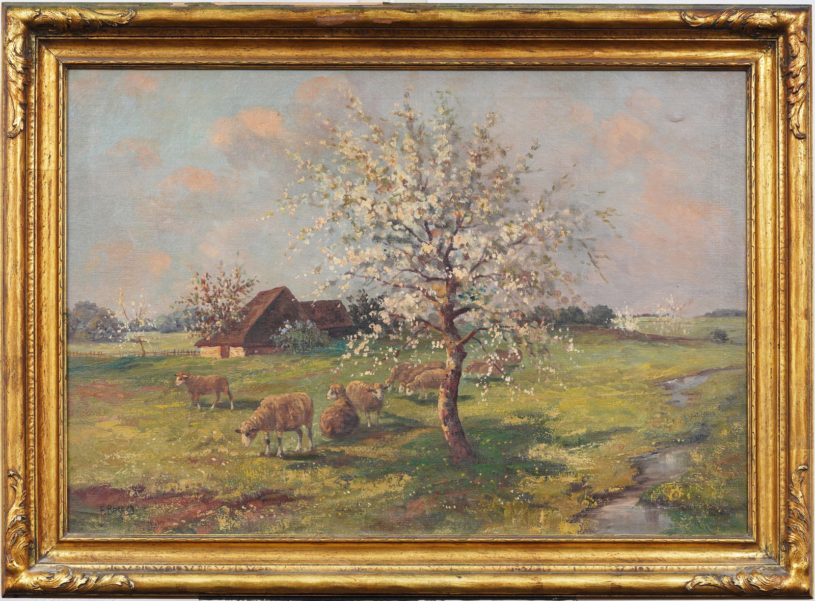 Signed Antique Bucolic Farm Landscape Cherry Blossom Tree and Sheep Grazing Framed Oil Painting (1 of 7)