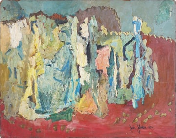 Jack E Johnson (1933 - 1957) Mid Century Modern Signed Abstract Figural Landscape Oil Painting