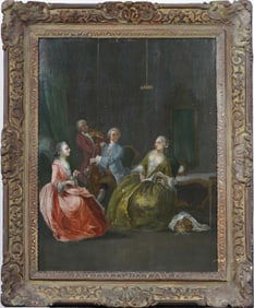 Antique Italian Interior Ballroom Scene Framed Elegant Genre Scene Oil Painting