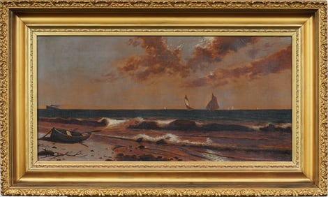 Antique American Hudson River School Coastal Seascape Sailboat Framed Original Oil Painting