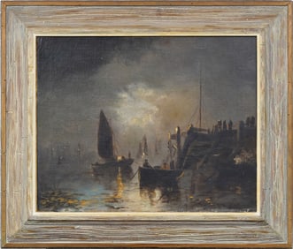 Antique American School Impressionist Moonlit Harbor Scene Framed Oil Painting