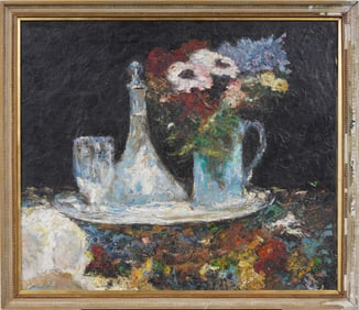 Large Antique American School Modernist Framed Flower Still Life Original Oil Painting