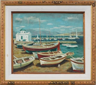 Vintage Greek or French Framed Impressionist Delos Harbor View Signed Original Oil Painting