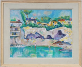 Signed European Fauvist Coastal View Summer Swimming Framed Oil Painting