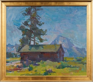 Large Vintage Western American Pine Forest Framed Landscape Oil Painting