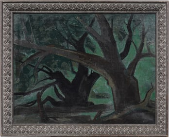 Large Antique American Modernist Abstract Framed Nocturnal Landscape Original Oil Painting