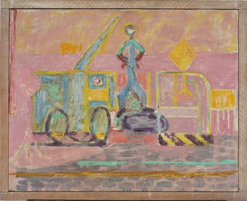 Antique American Original Modernist Street Scene Construction Site Framed Oil Painting