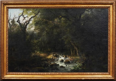 HUGE Antique American Hudson River School Forest Interior Framed Landscape Original Oil Painting