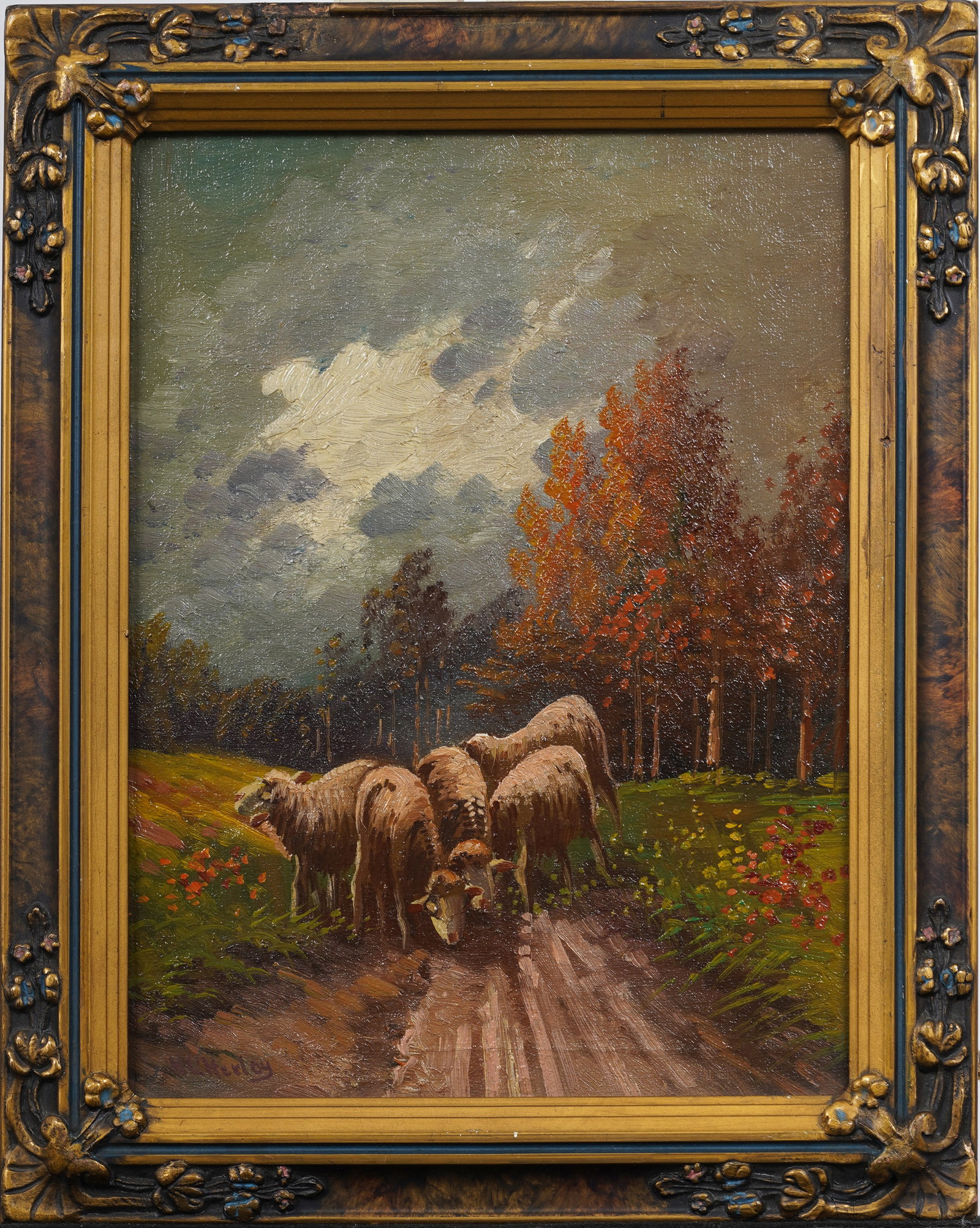 Signed Antique American Fall Impressionist Sheep Grazing Sunset Landscape Framed Oil Painting: Antique American oil painting. Oil on canvas. Signed. Framed. Measuring 12 by 15 inches overall and 8.75 by 12 painting alone. Please see all images for condition. Size is measured and written on the 
