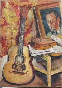 Antique American School Interior Scene with Guitar and Portrait Original Impressionist Oil Painting