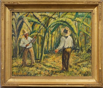 Andrew Roswall Listed American Impressionist Harvesting Bananas Farm Landscape Oil Painting